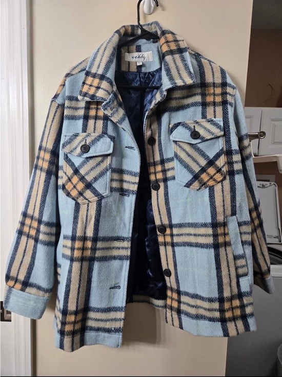 Jackets & Blazers - Light Blue and Beige Plaid Button-Up Shacket